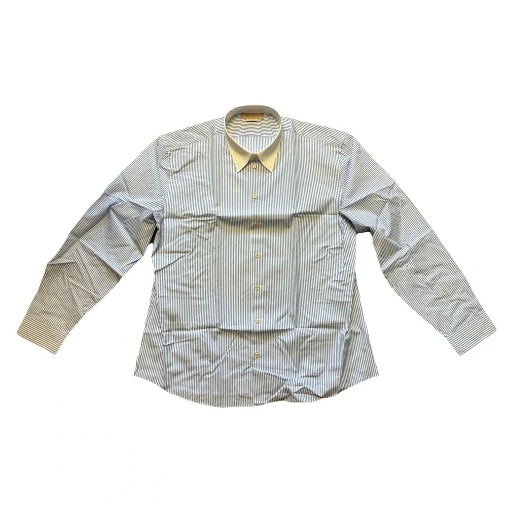 Gucci Shirt Men's 19 48 Blue Striped White Collar Poplin Button Up Uniform NEW